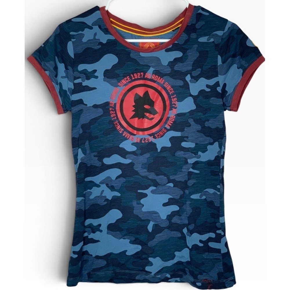 AS Roma Camu Crest T Shirt Mens Size M Soccer Camo Logo Cotton Patches Blue